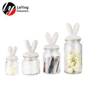 Glass Jar With Rabbit Ceramic Lid Clear Round Candle Jar For Storaging